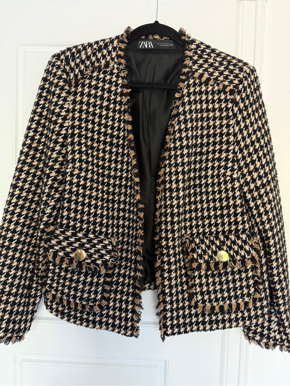 ZARA Black & Tan Houndstooth Tweed Blazer